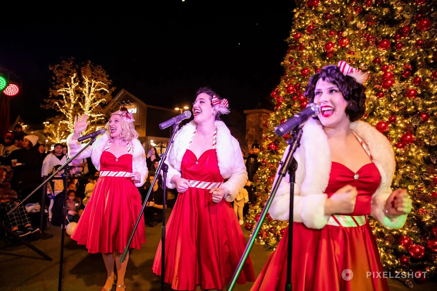 The three carolers laughing between numbers, the tree lit gold along the right of the frame