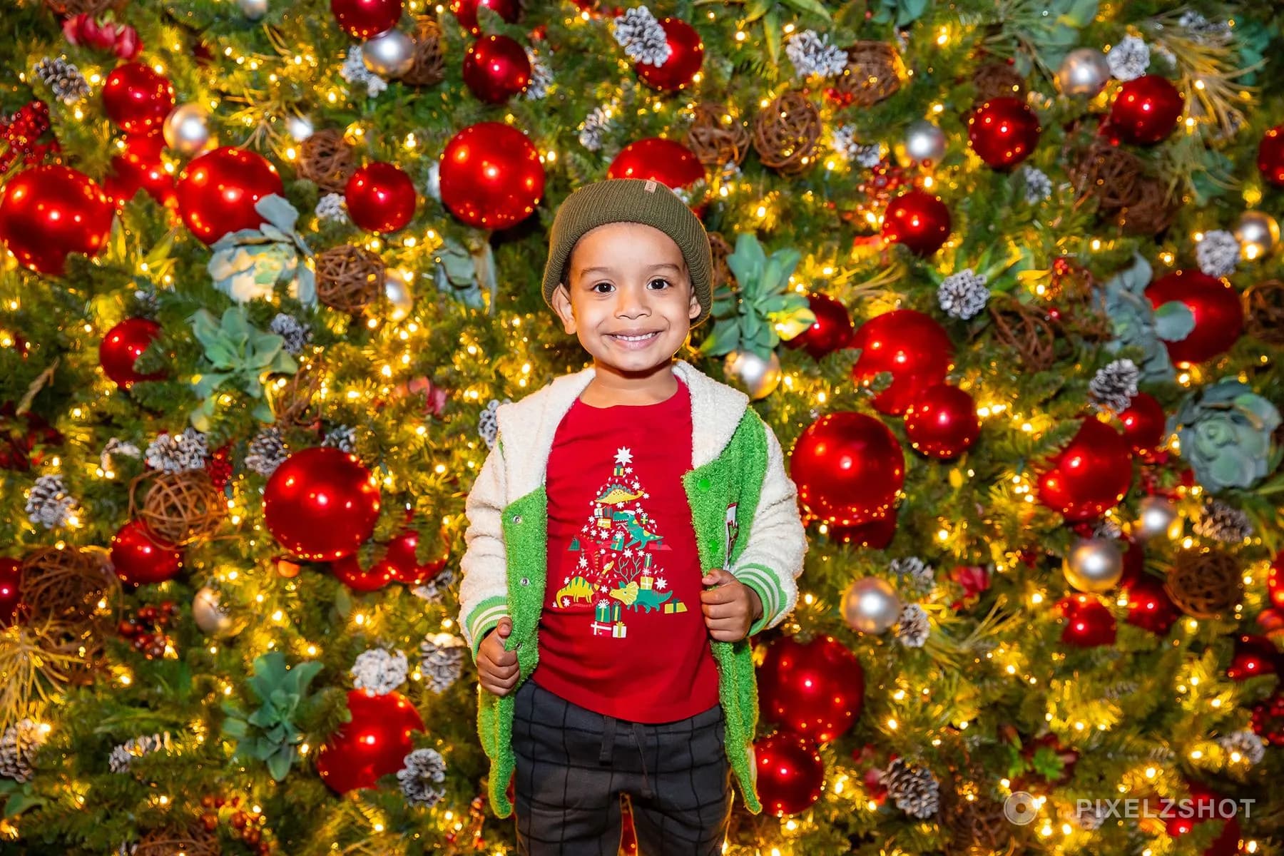 A small boy in a beanie and a dinosaur Christmas tee, holding his jacket open and grinning